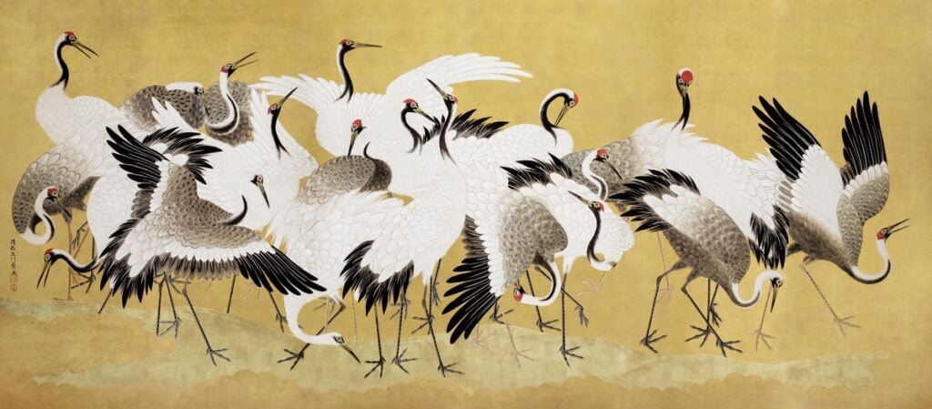 Contemplative poetry 25 Japanese flock of cranes (18th century) vintage painting by Ishida Yūtei.